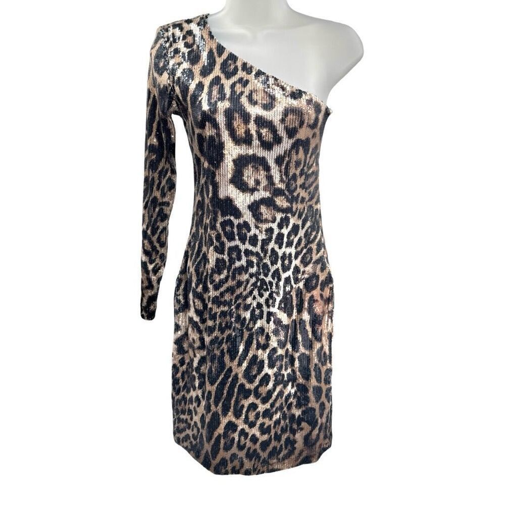 Jument One Shoulder BodyCon Mini Dress Womens Size 4 Leopard‎ Sequin